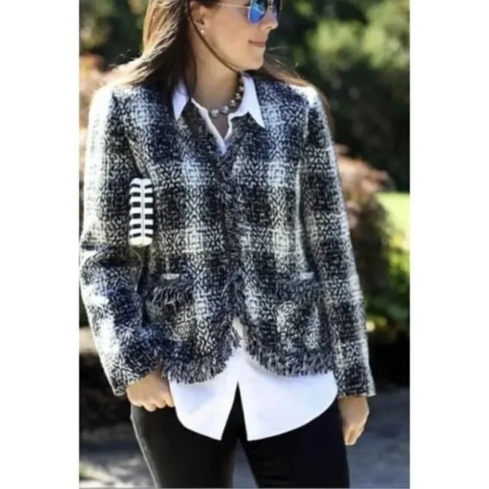 CAROL ANDERSON Tweed Fringe Blazer Size 2 Luxury Jacket Black Cream